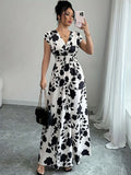 Elegant Black & White Floral V-Neck Maxi Dress