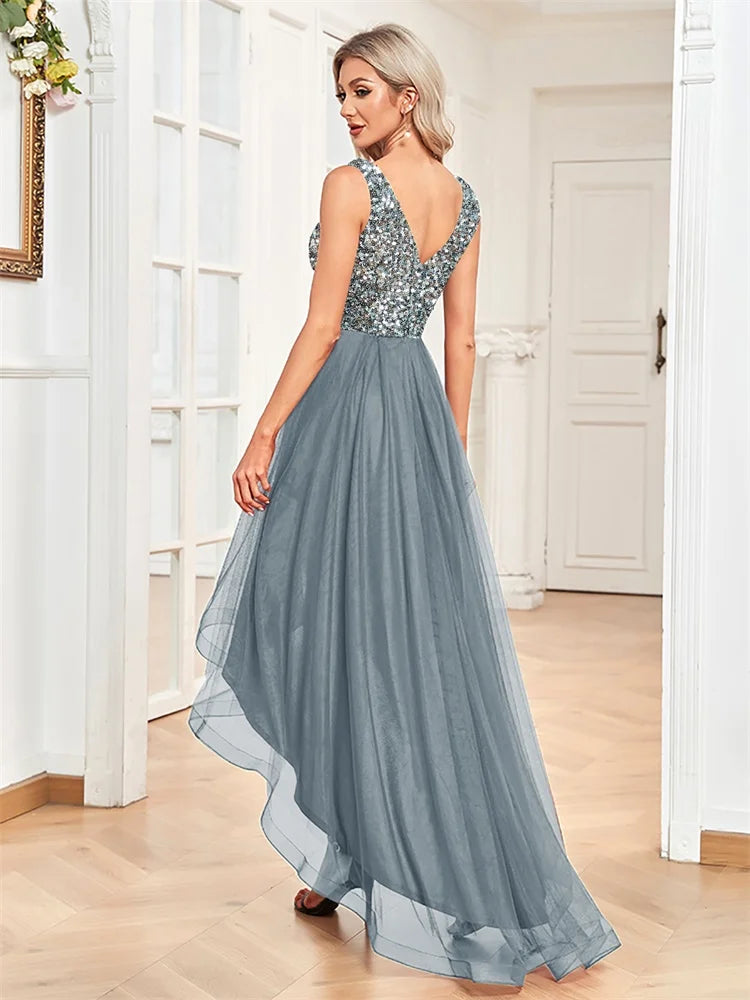 Elegant Sequin V-Neck High Low Evening Dress