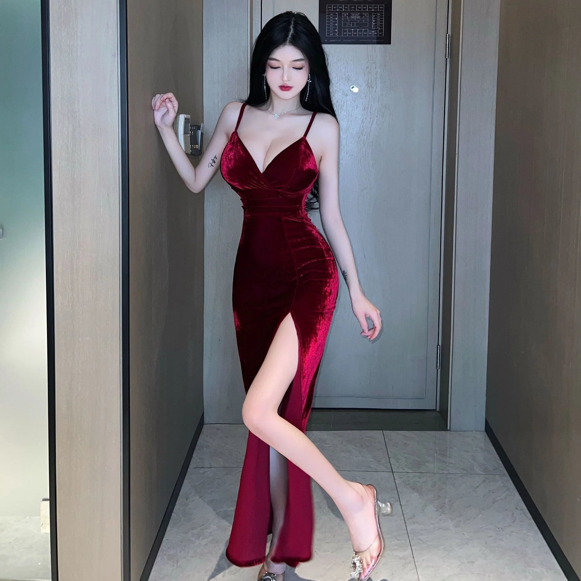 Midnight Velvet Slit Maxi Dress ✅