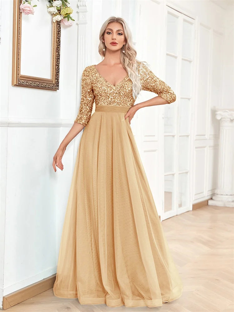 Elegant Sequin V-Neck Maxi Evening Dress