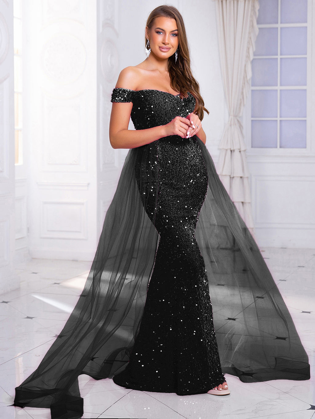 Luxury Off-Shoulder Sequin Evening Gown