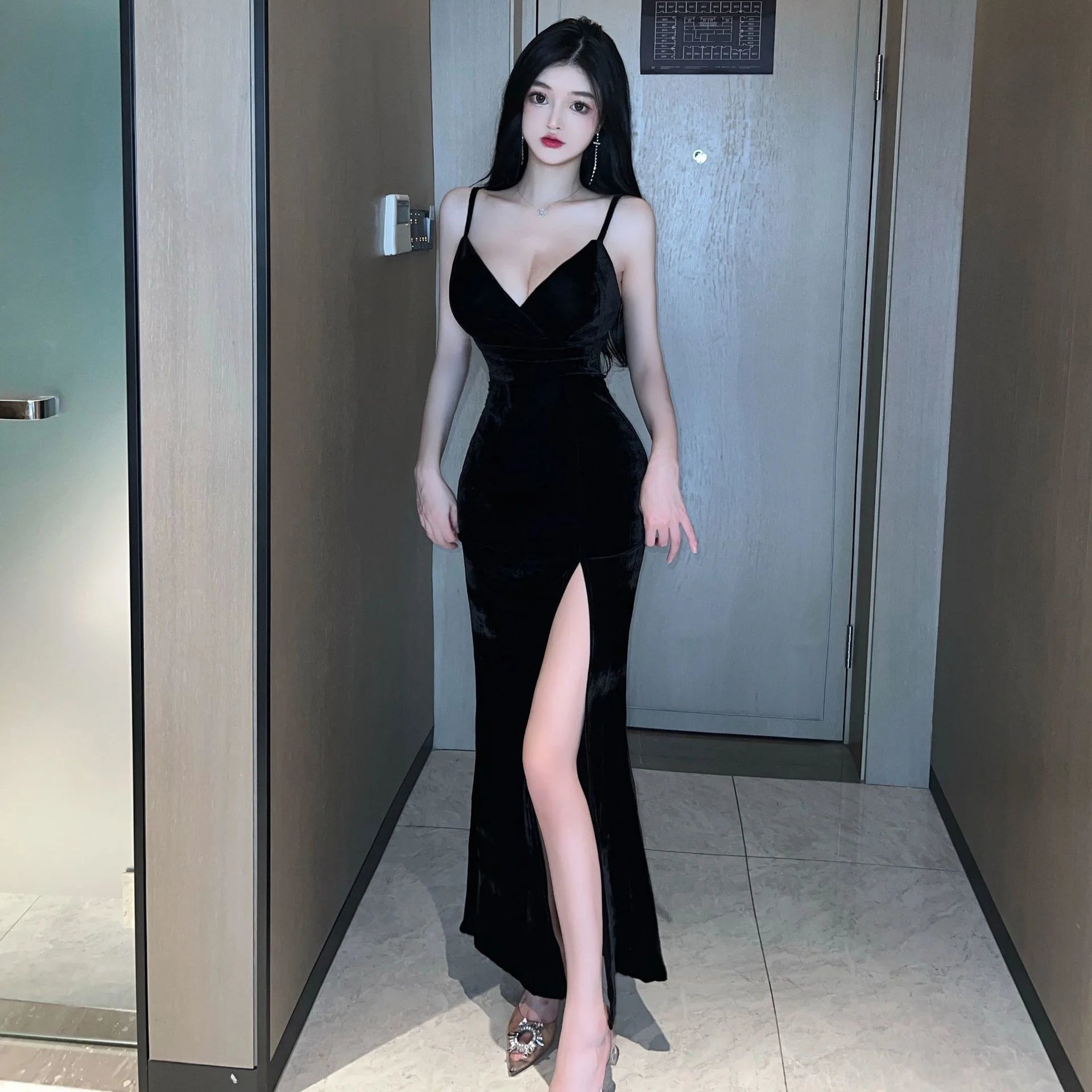 Midnight Velvet Slit Maxi Dress ✅