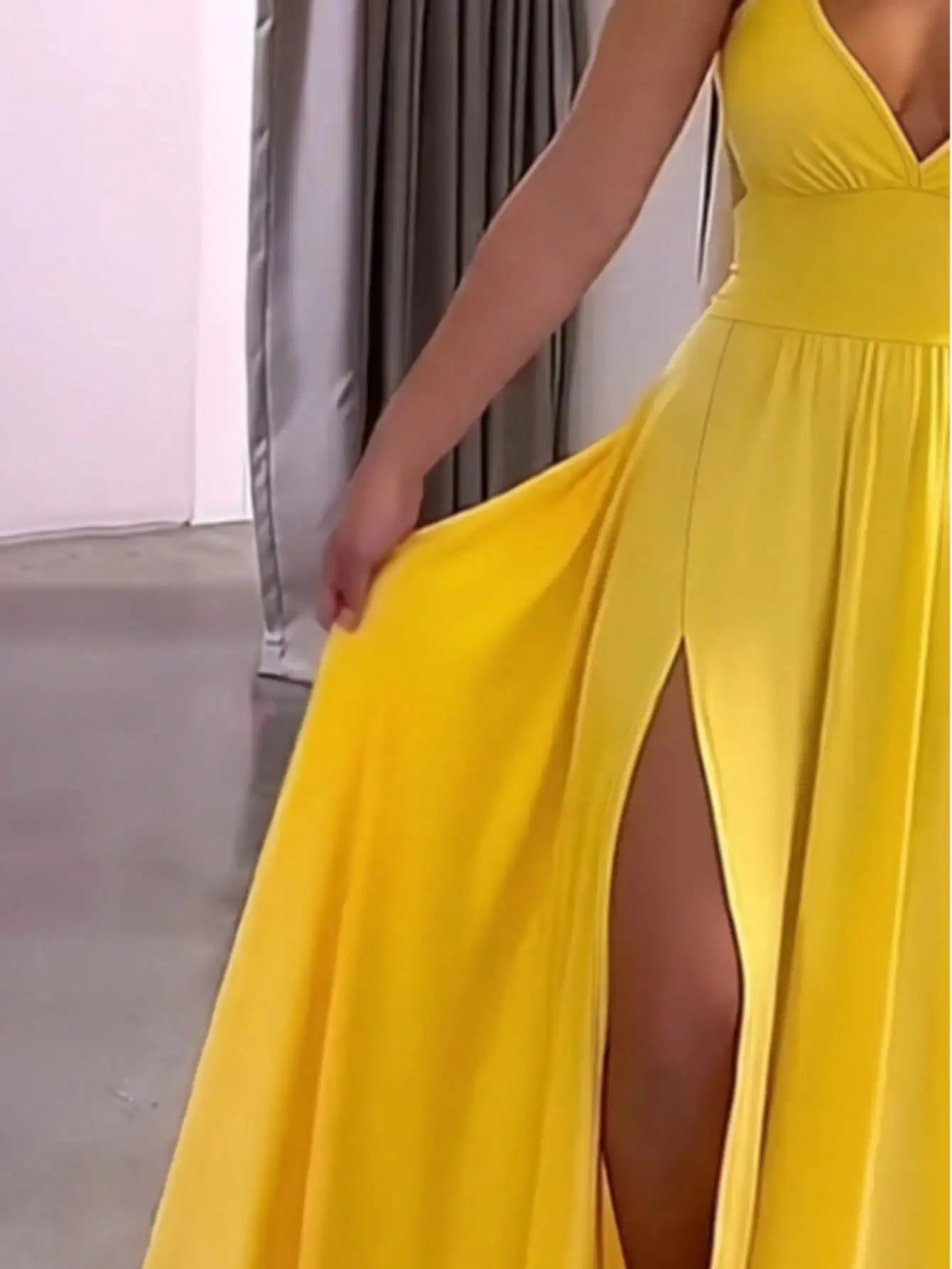 Elegant Yellow Slit Maxi Party Dress