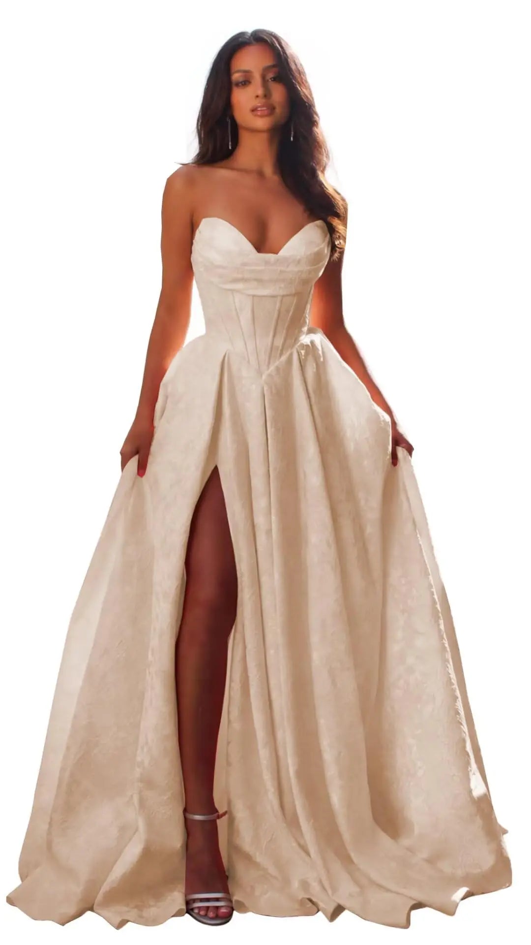 Elegant Blush Pink Satin Ball Gown with Sweetheart Neckline & High Slit