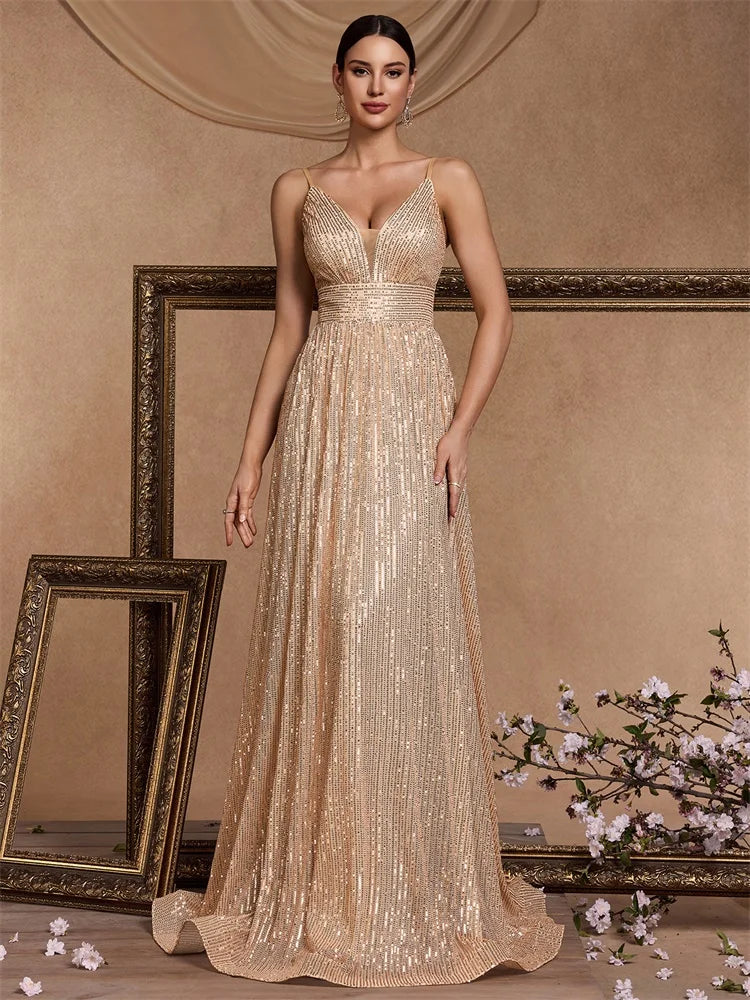 Elegant Champagne Lace Maxi Dress