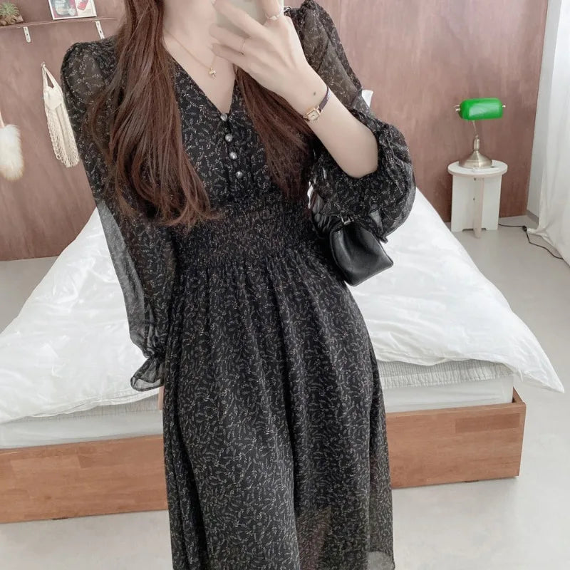 Elegant Floral Long Sleeve Maxi Dress – Korean Style