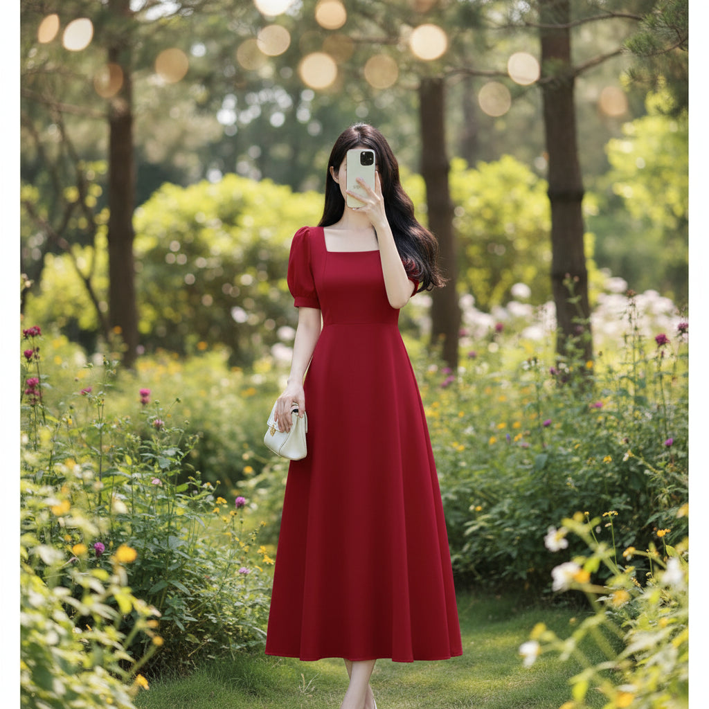 Elegant Square Neck Puff Sleeve Maxi Dress for Women