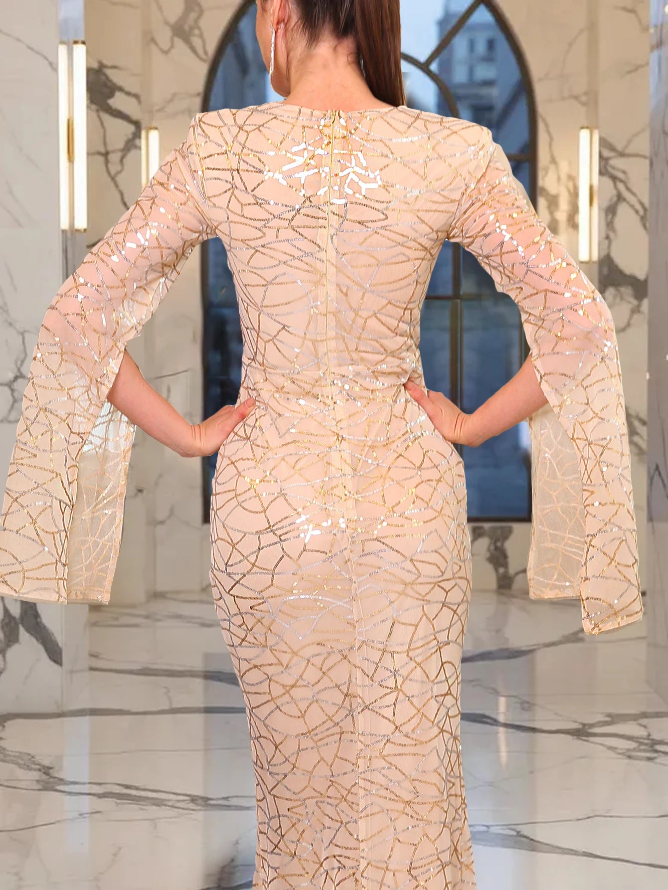 Luxury Sequin Bell Sleeve Evening Gown