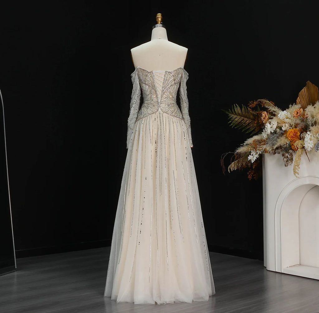 Elegant Off Shoulder Beaded A-Line Evening Gown – Long Sleeve Formal Dress