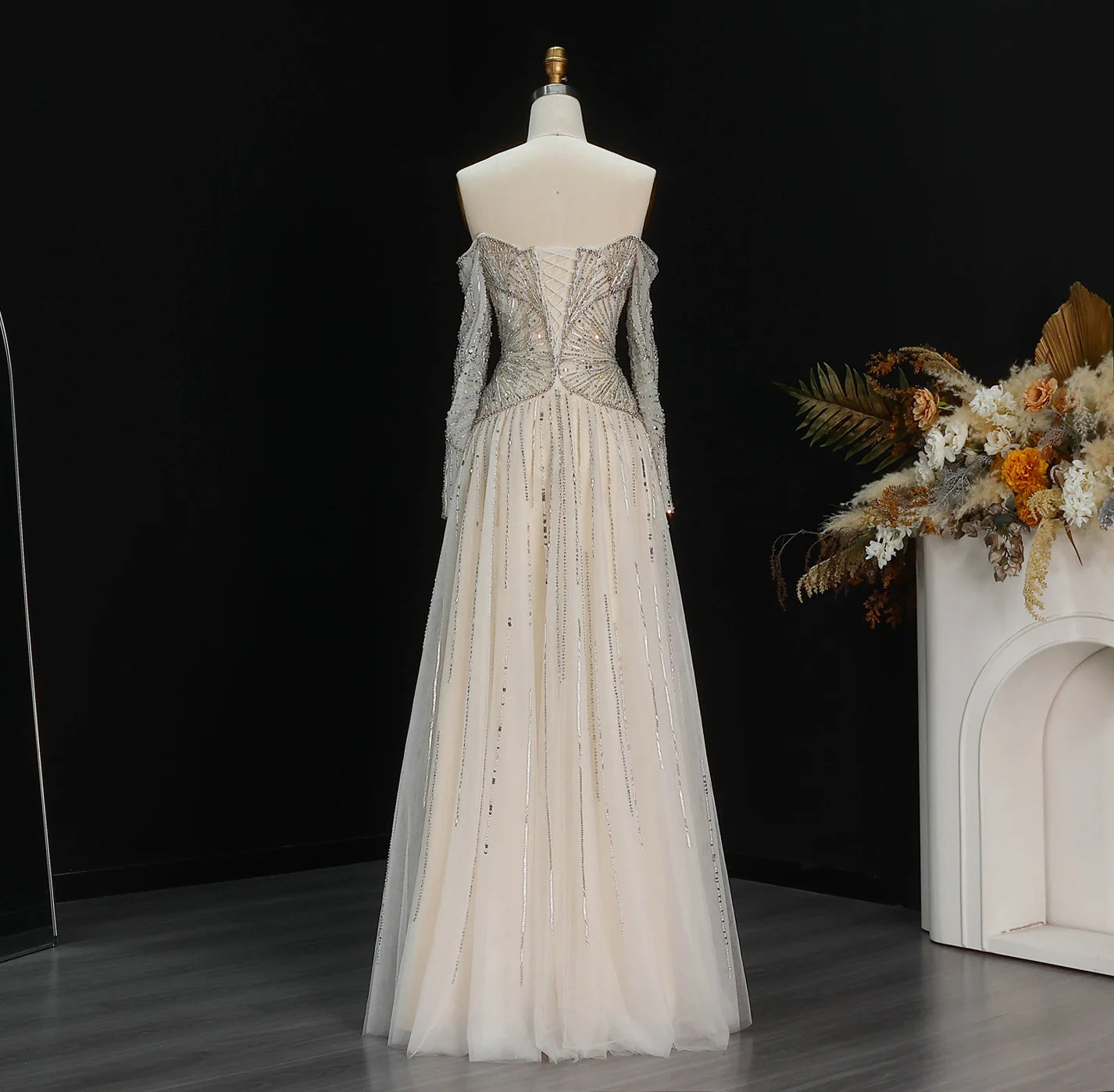 Elegant Off Shoulder Beaded A-Line Evening Gown – Long Sleeve Formal Dress