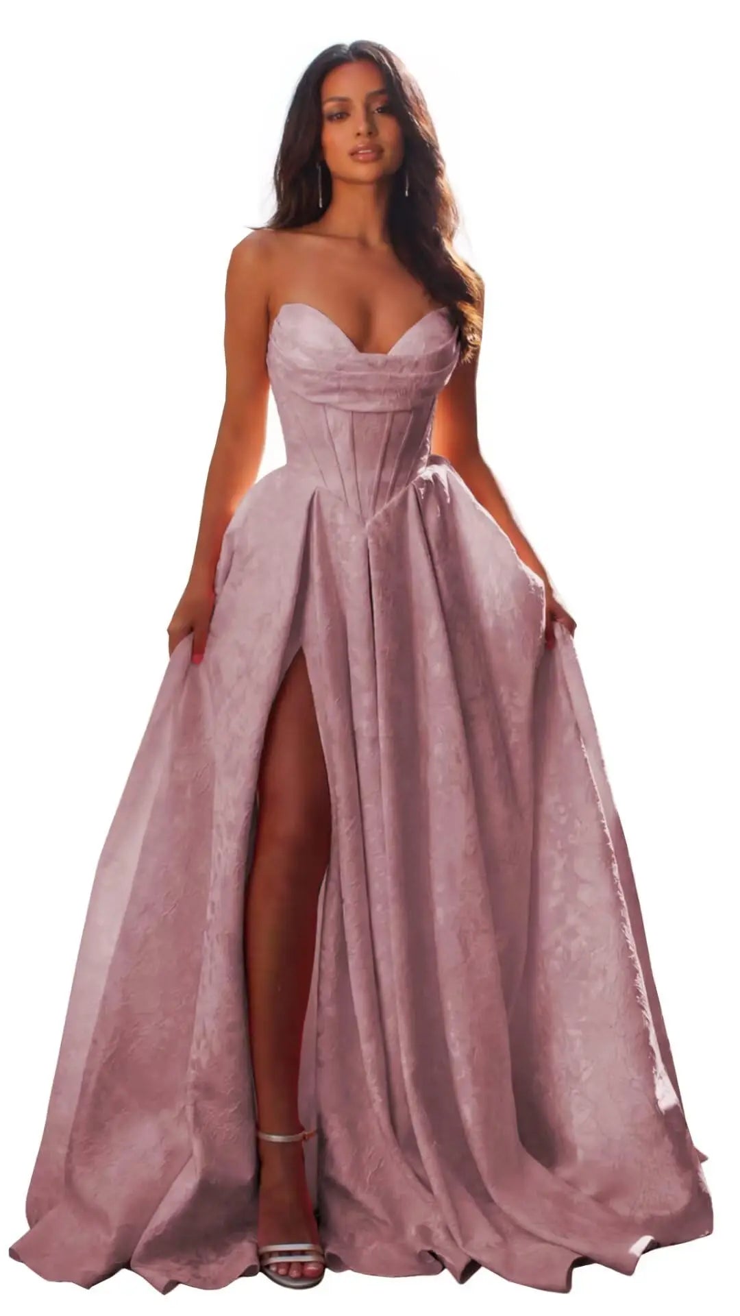 Elegant Blush Pink Satin Ball Gown with Sweetheart Neckline & High Slit