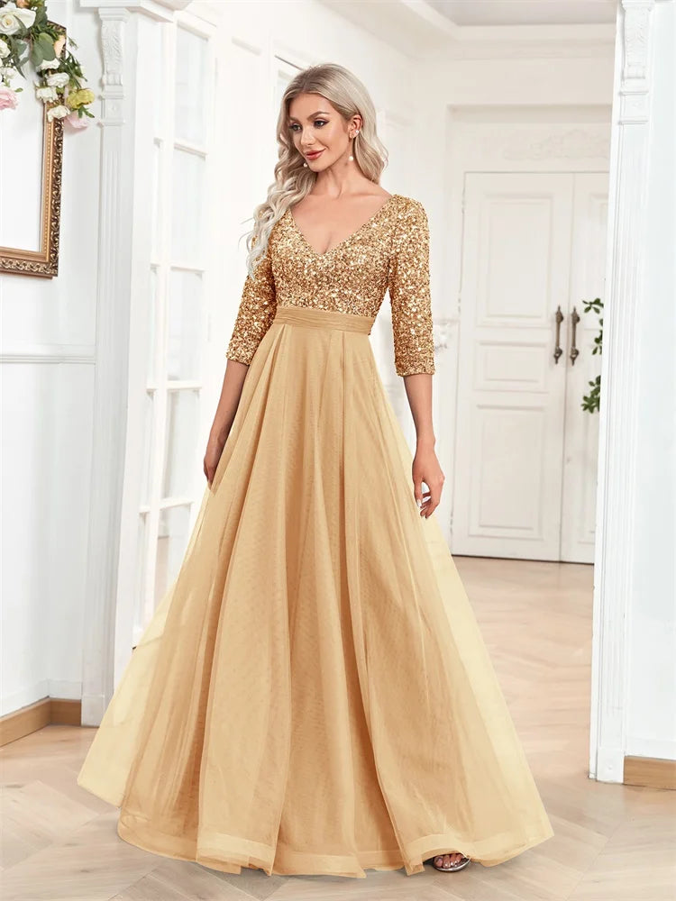 Elegant Sequin V-Neck Maxi Evening Dress