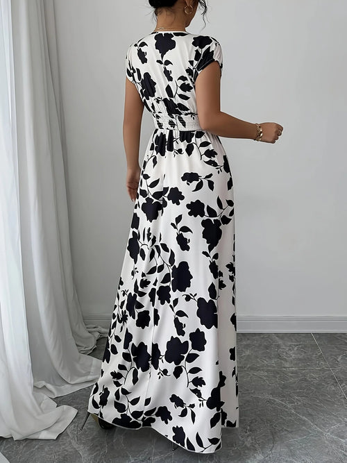 Elegant Black & White Floral V-Neck Maxi Dress
