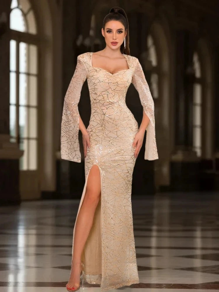 Luxury Sequin Bell Sleeve Evening Gown