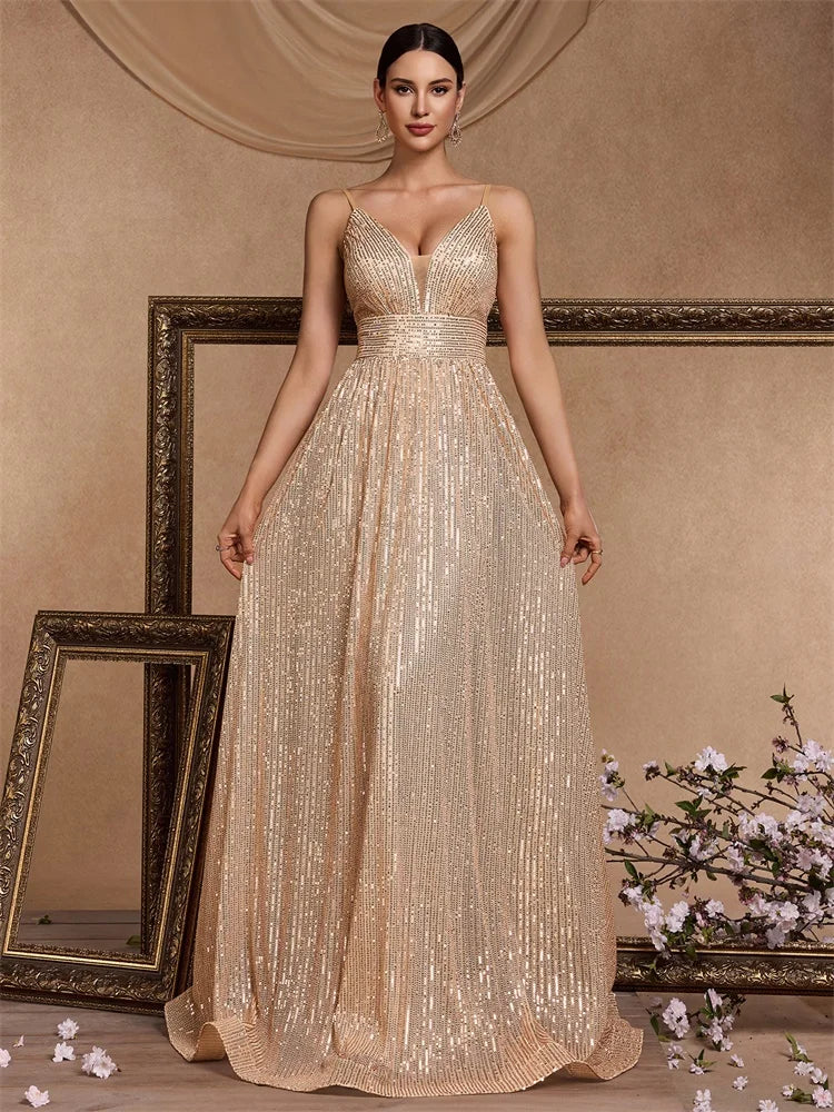 Elegant Champagne Lace Maxi Dress