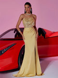 Golden Glamour One-Shoulder Evening Maxi Dress