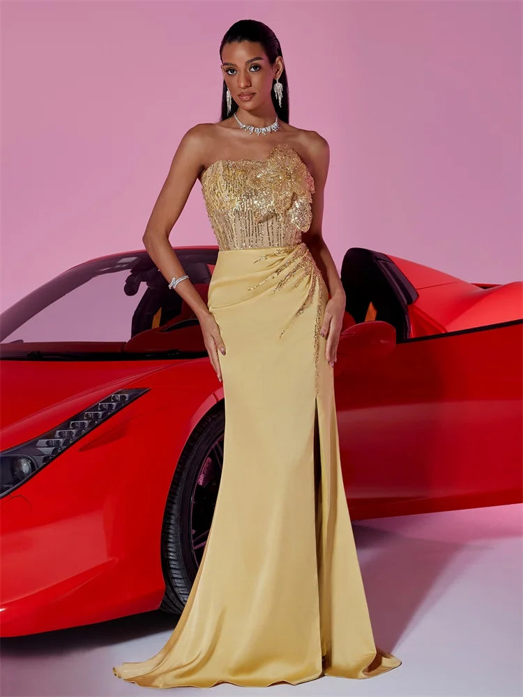 Golden Glamour One-Shoulder Evening Maxi Dress