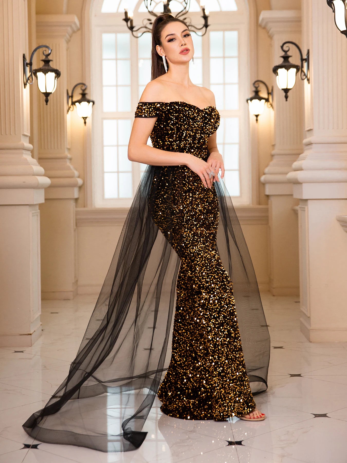 Luxury Off-Shoulder Sequin Evening Gown