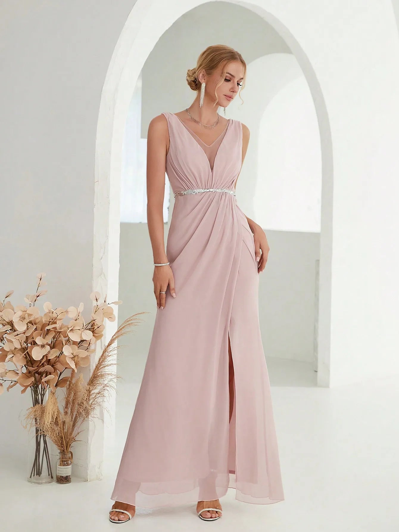 Elegant V-Neck A-Line Evening Maxi Dress for Women