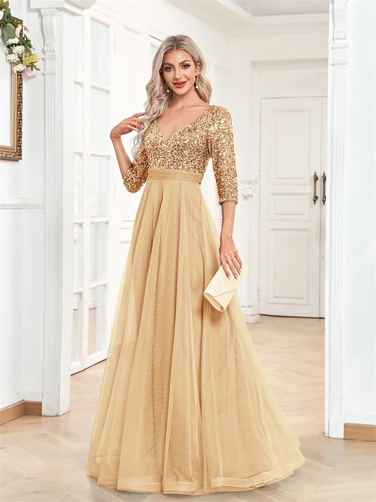 Elegant Sequin V-Neck Maxi Evening Dress