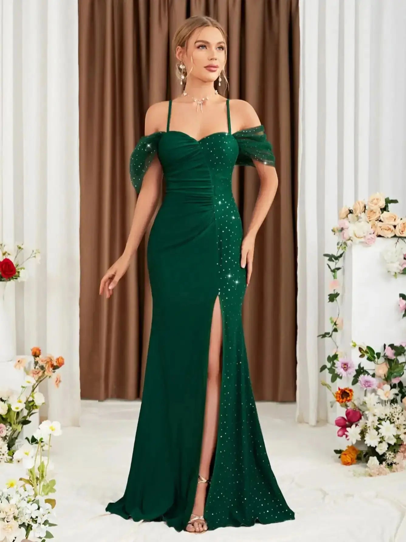 Elegant Emerald Green Off-Shoulder Mermaid Evening Dress | Luree Fashions