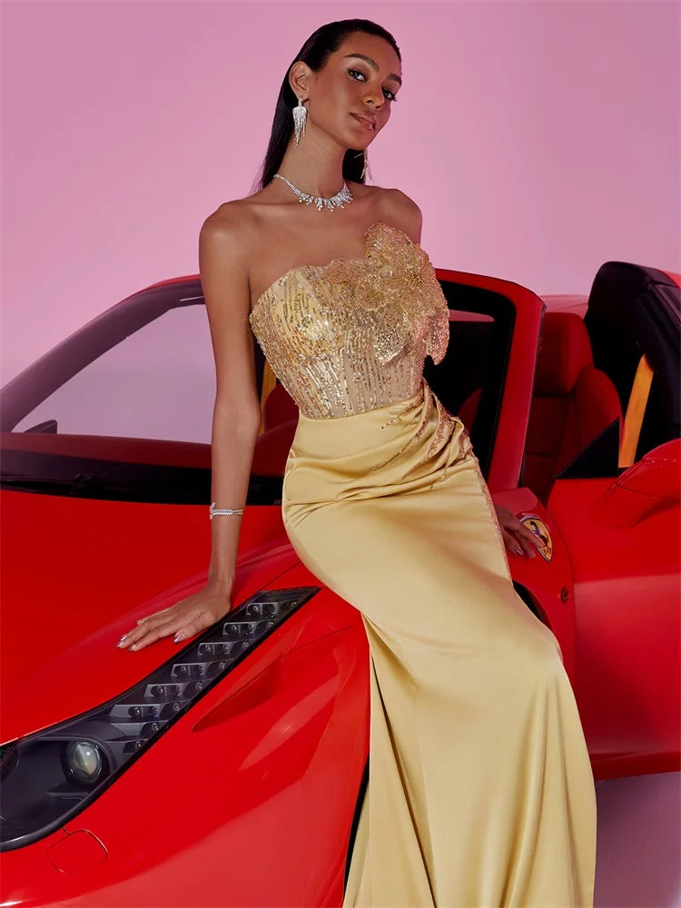 Golden Glamour One-Shoulder Evening Maxi Dress