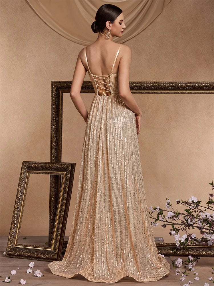 Elegant Champagne Lace Maxi Dress