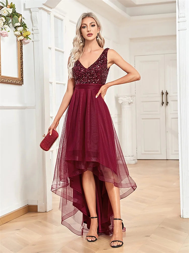 Elegant Sequin V-Neck High Low Evening Dress