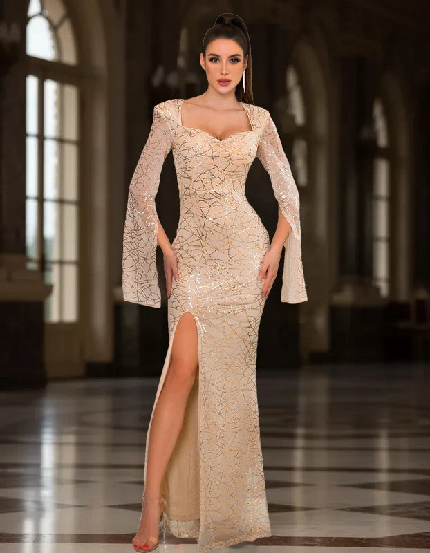 Luxury Sequin Bell Sleeve Evening Gown