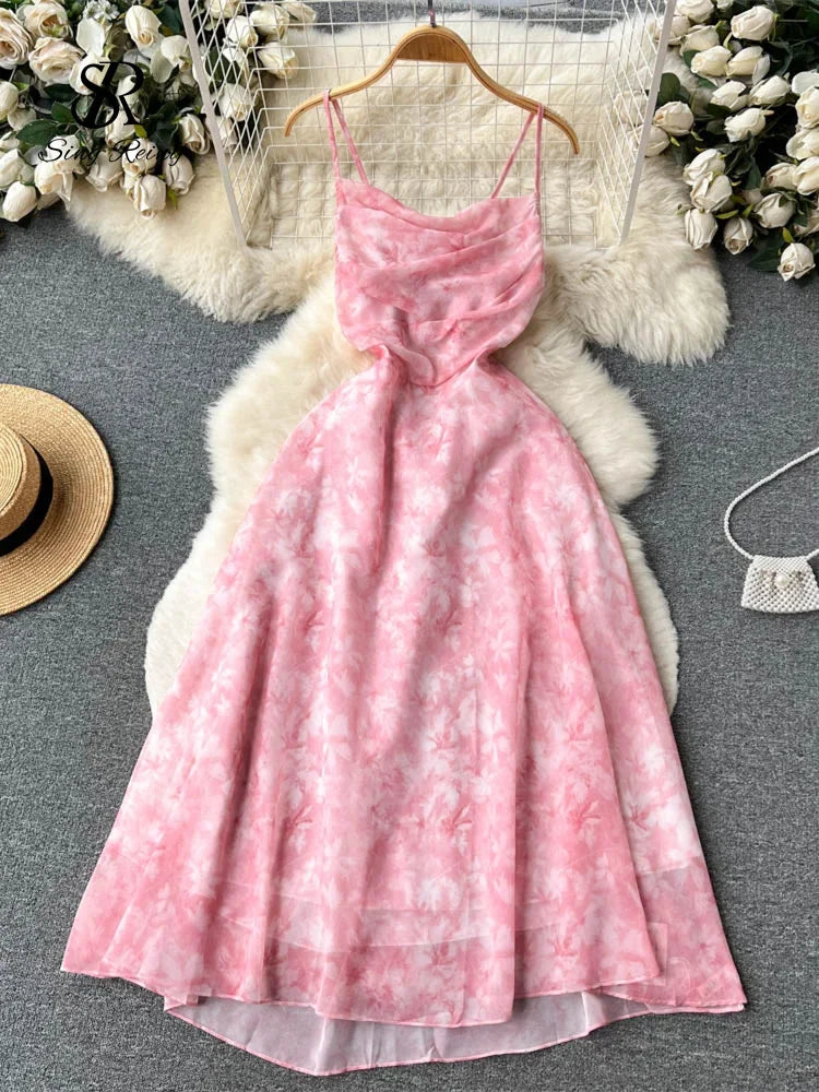 Elegant Floral Chiffon Midi Dress