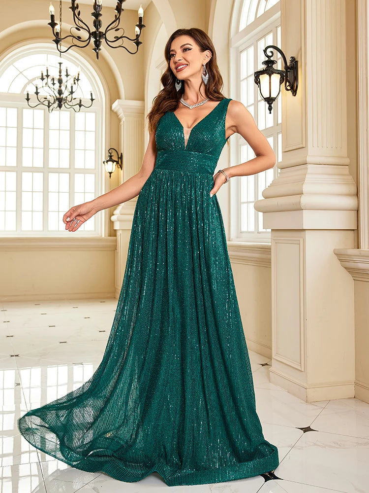 Women's Elegant Deep V-Neck Sparkly Maxi Evening Dress