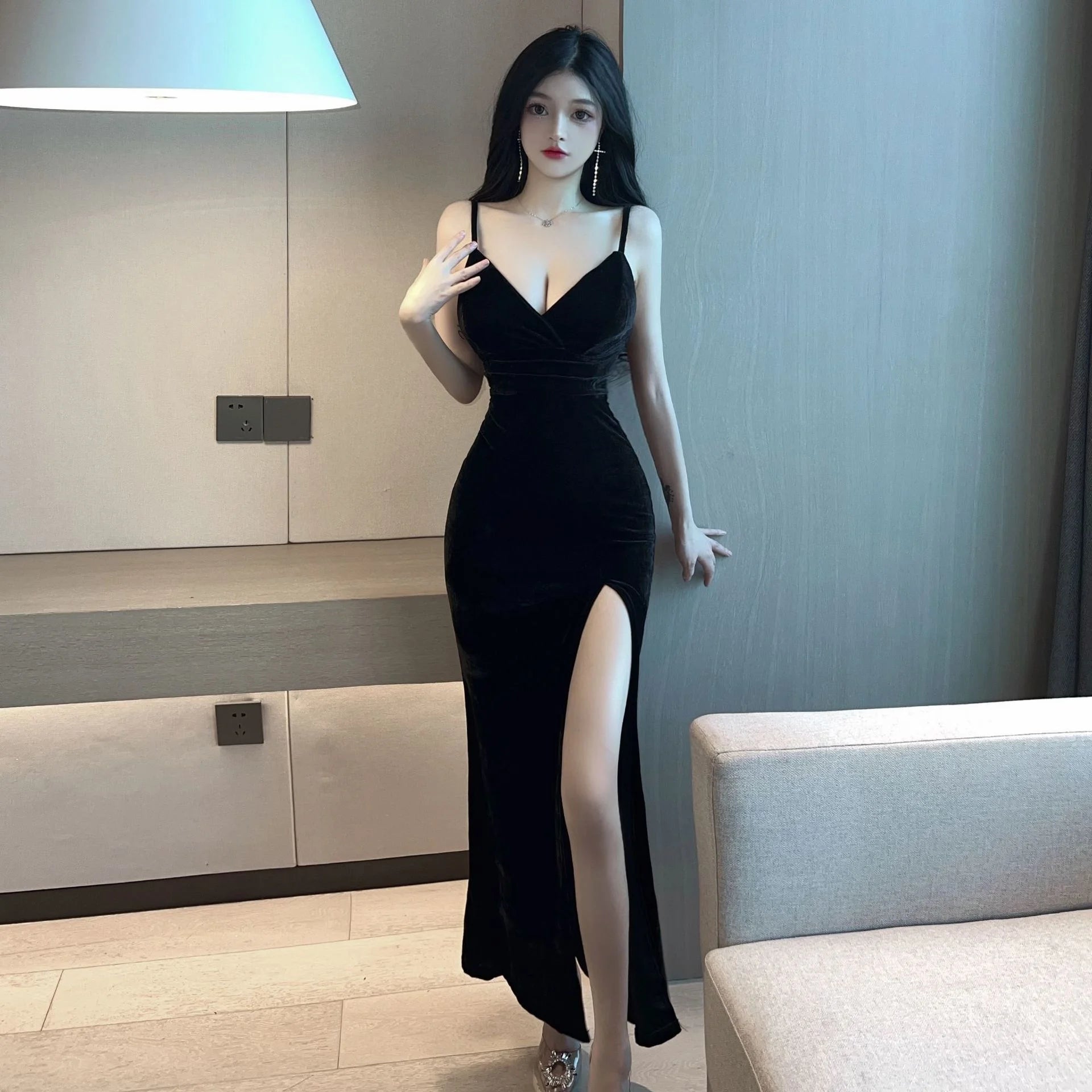 Midnight Velvet Slit Maxi Dress