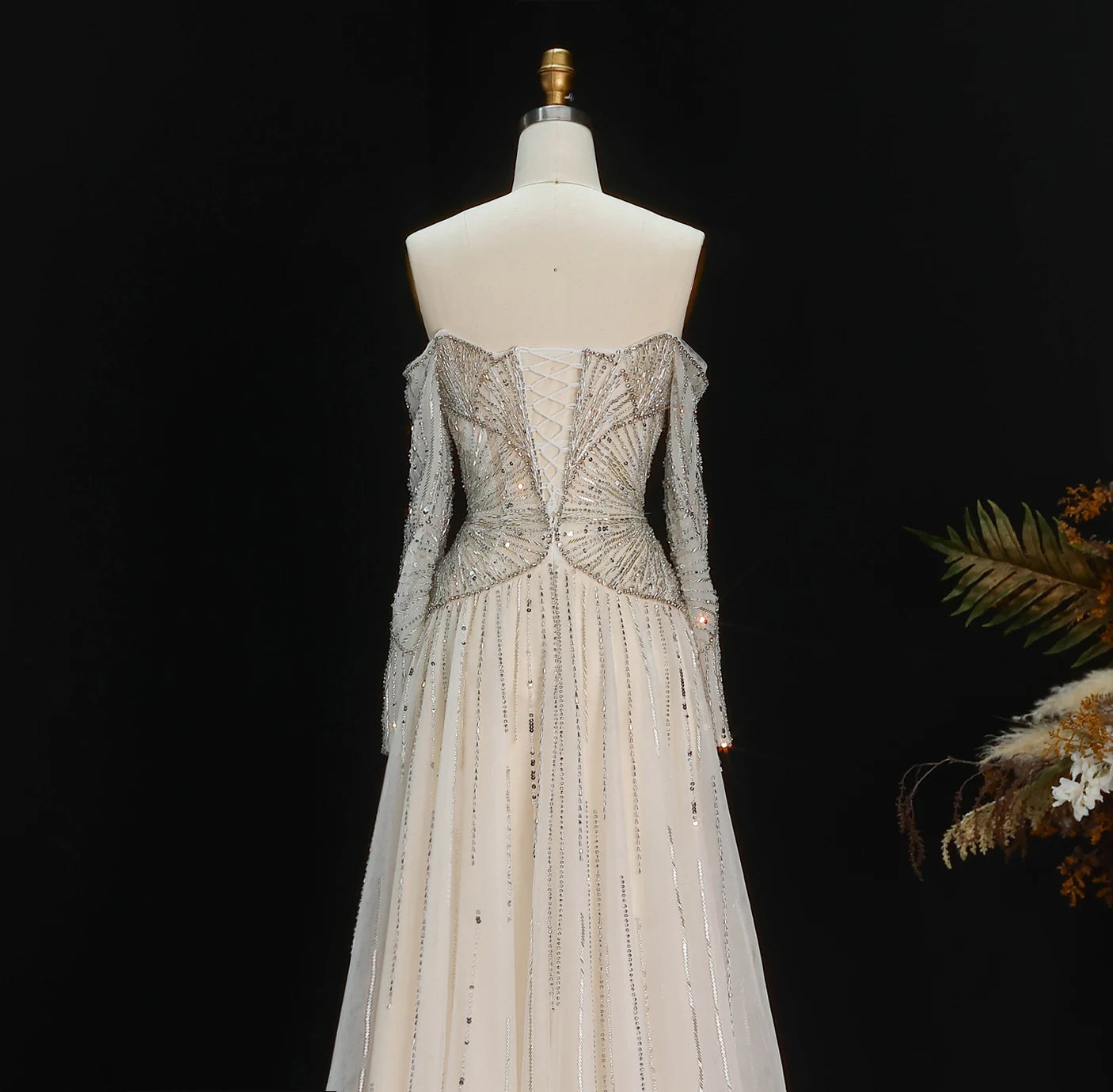 Elegant Off Shoulder Beaded A-Line Evening Gown – Long Sleeve Formal Dress