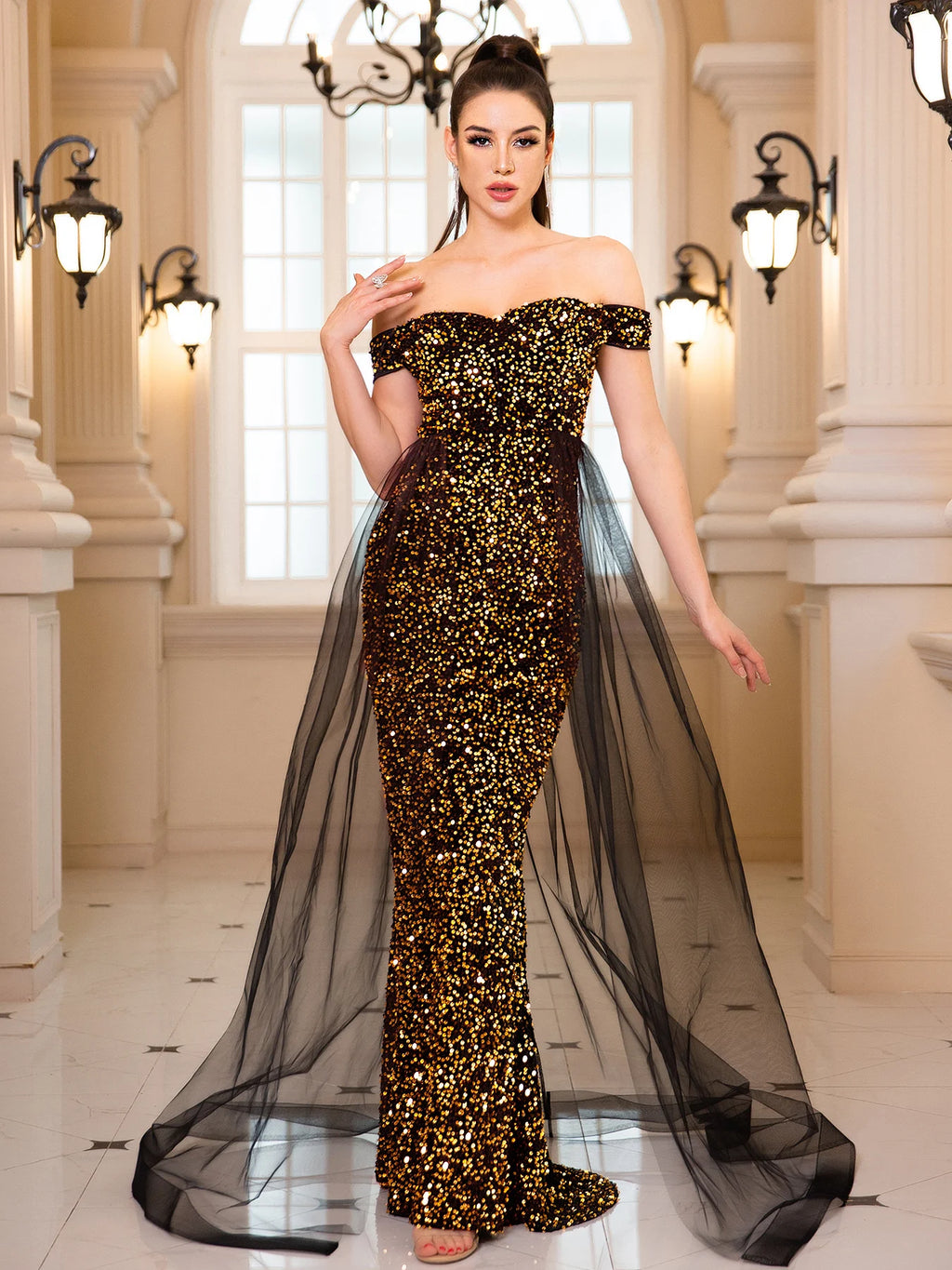 Luxury Off-Shoulder Sequin Evening Gown
