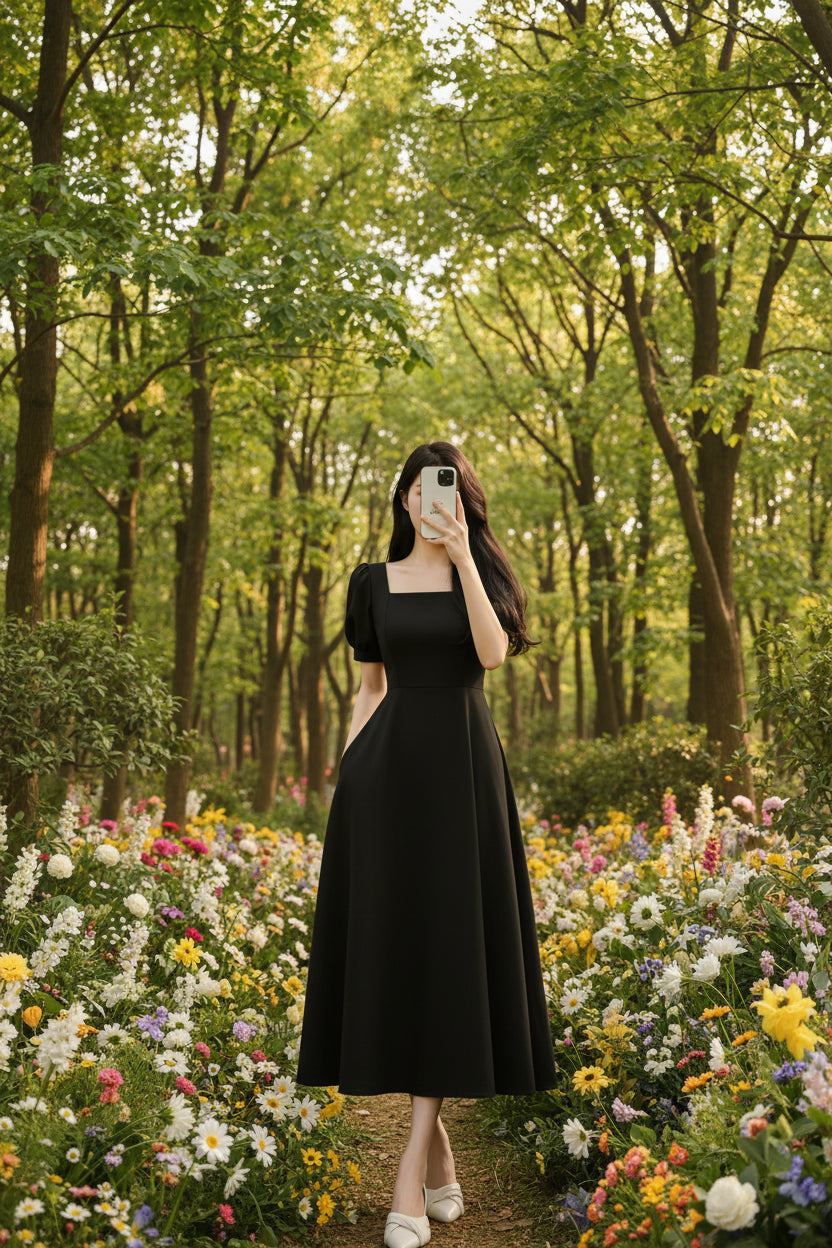 Elegant Square Neck Puff Sleeve Maxi Dress for Women