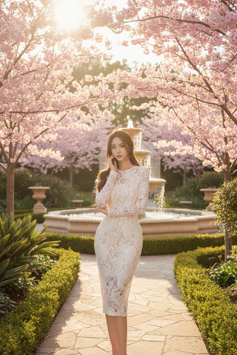 Elegant White Floral Lace Bodycon Midi Dress