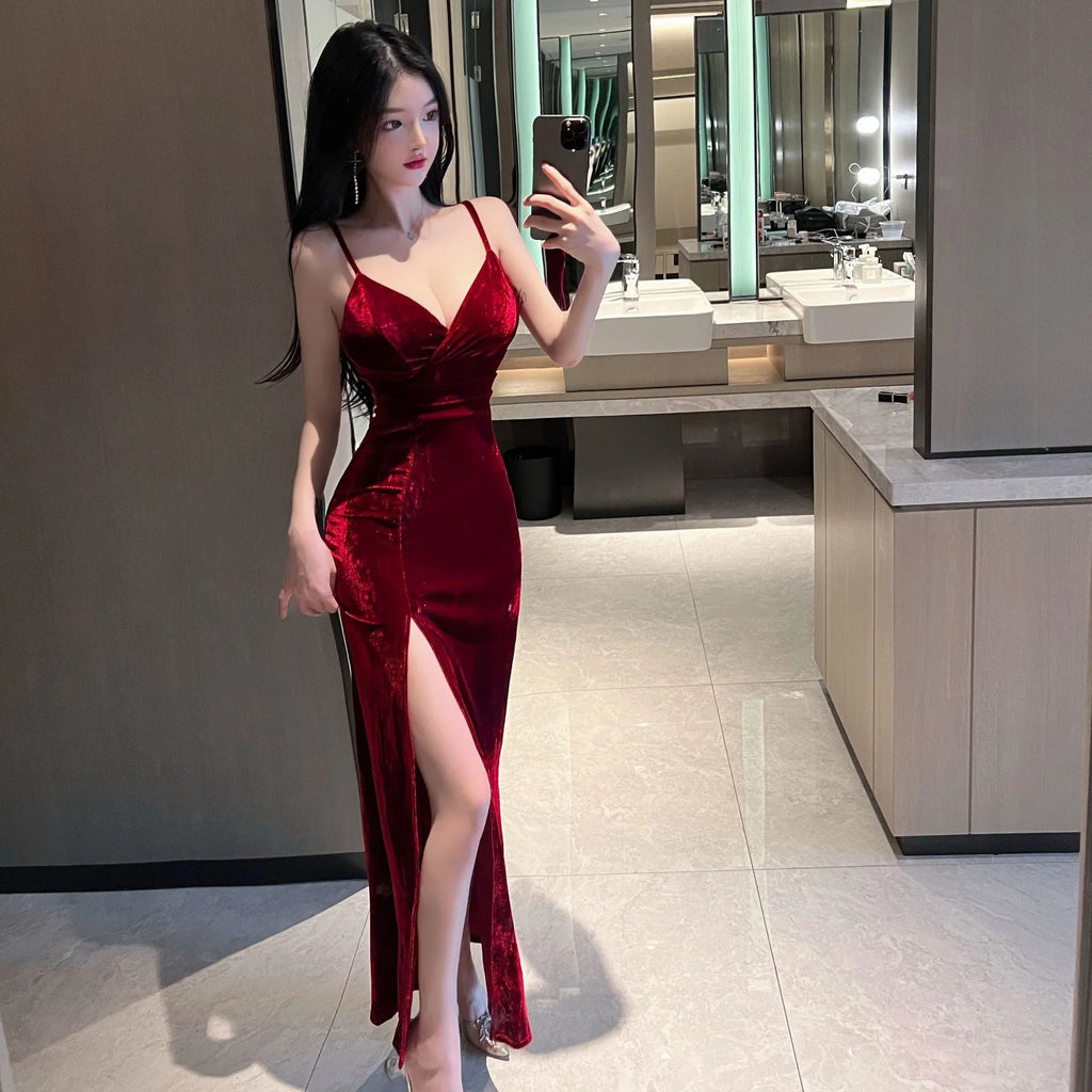 Midnight Velvet Slit Maxi Dress ✅