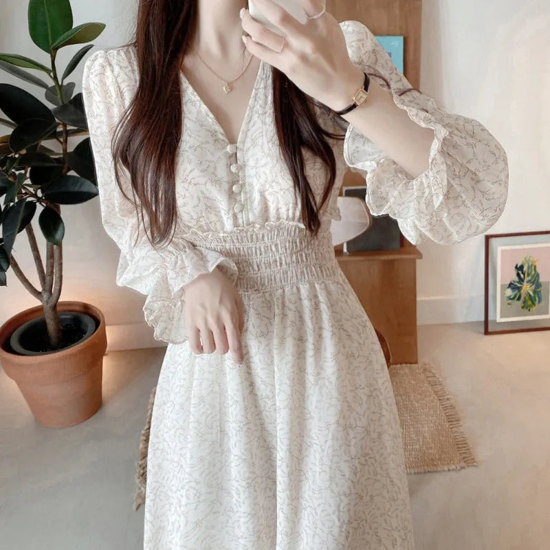 Elegant Floral Long Sleeve Maxi Dress – Korean Style