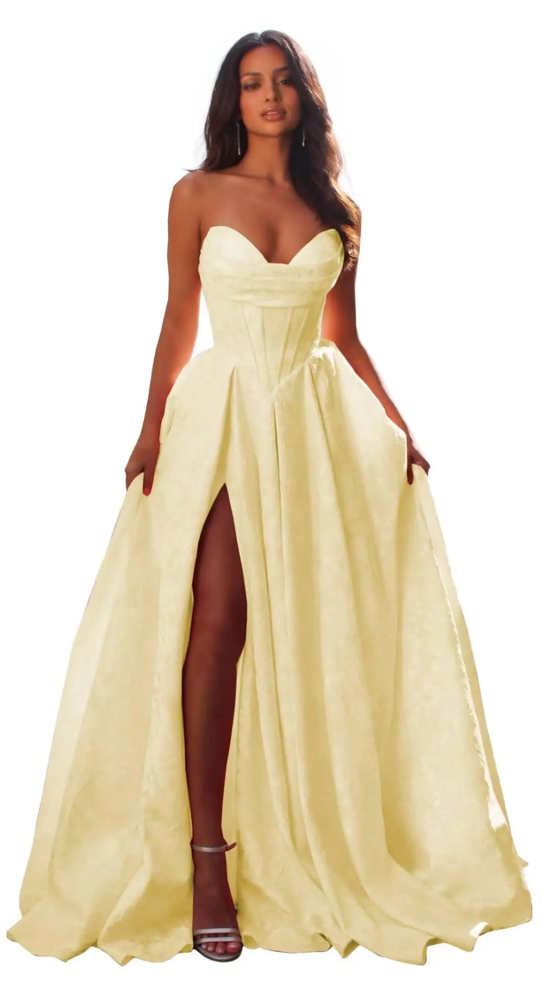 Elegant Blush Pink Satin Ball Gown with Sweetheart Neckline & High Slit