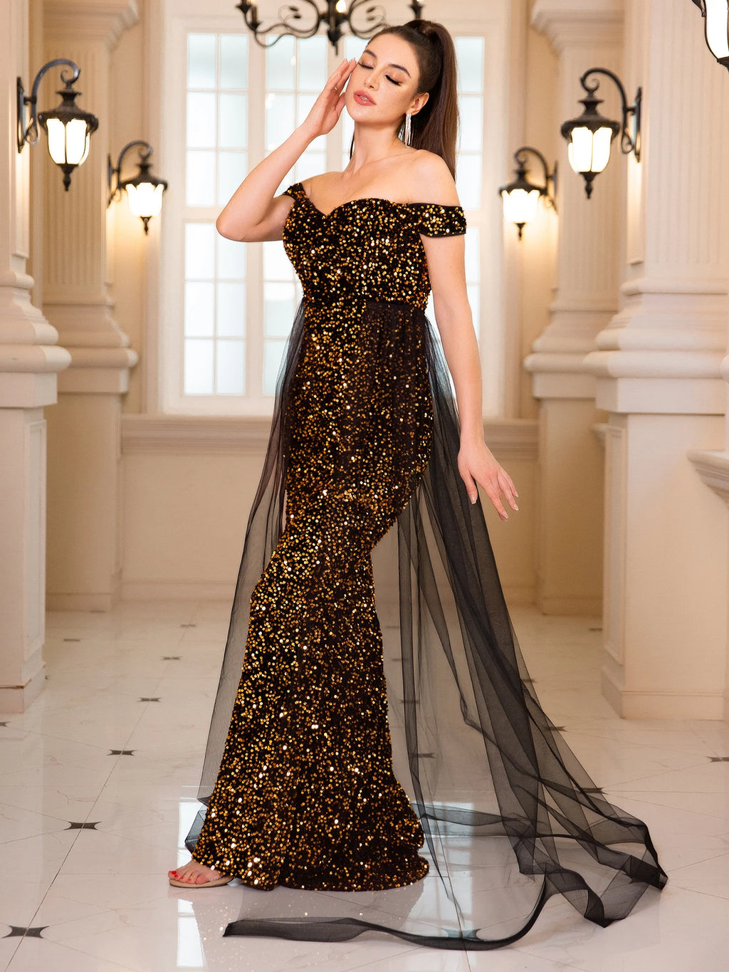 Luxury Off-Shoulder Sequin Evening Gown