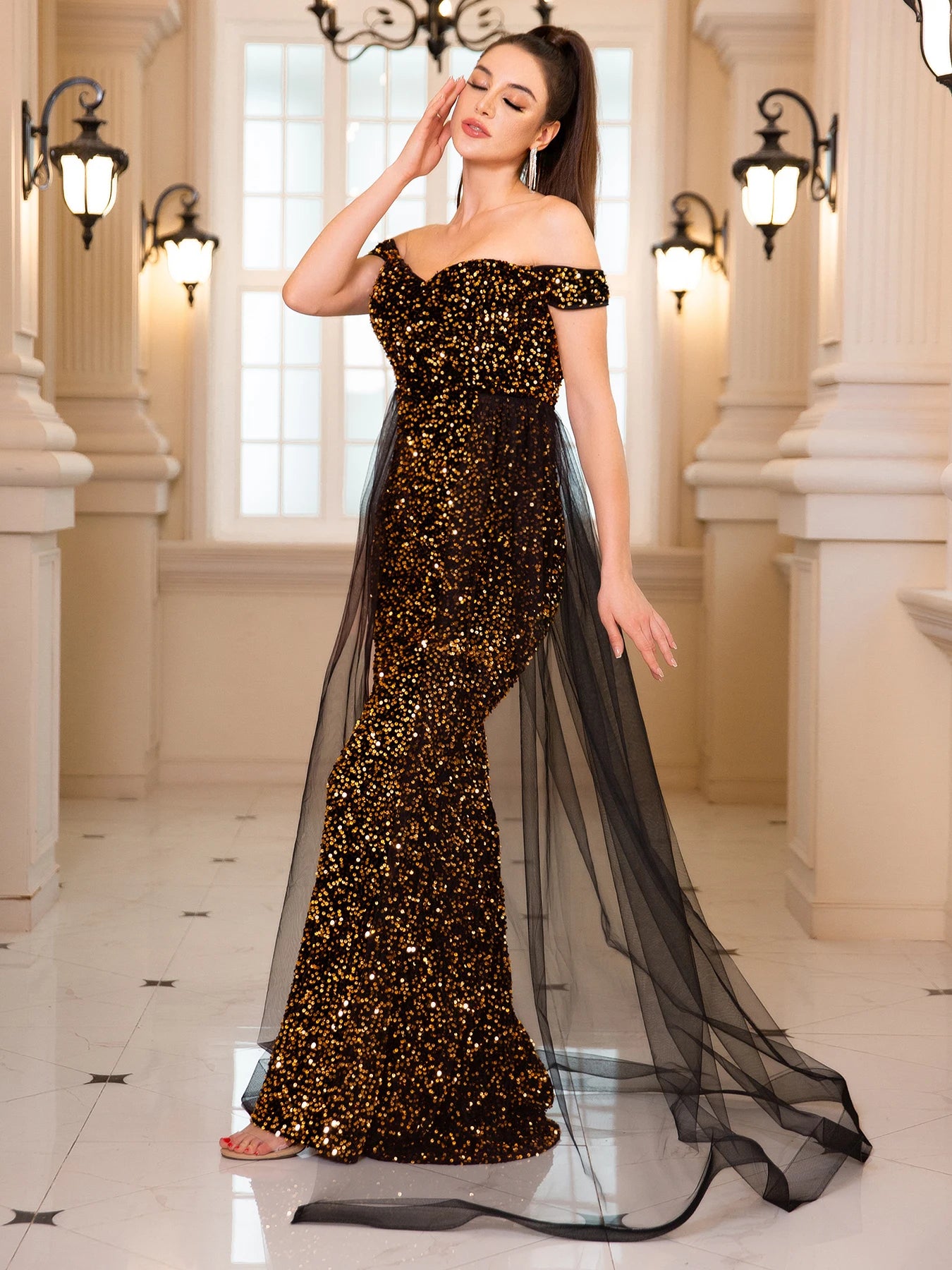 Luxury Off-Shoulder Sequin Evening Gown