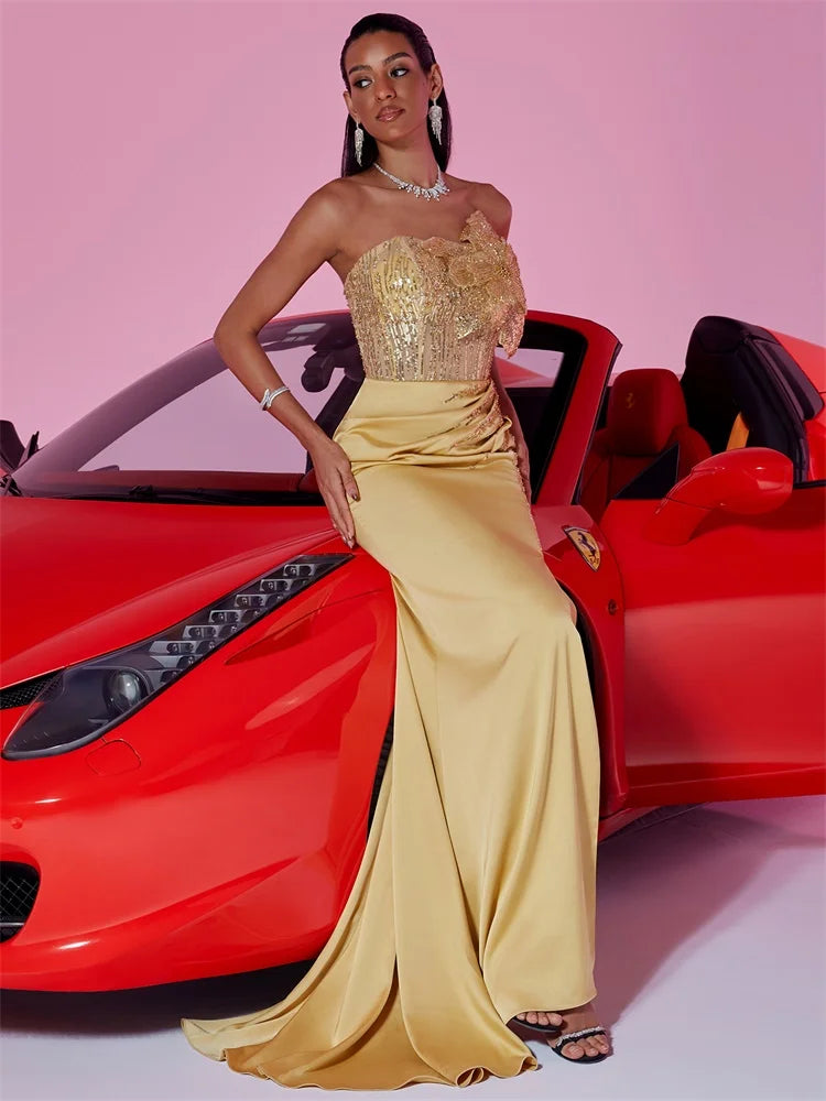 Golden Glamour One-Shoulder Evening Maxi Dress