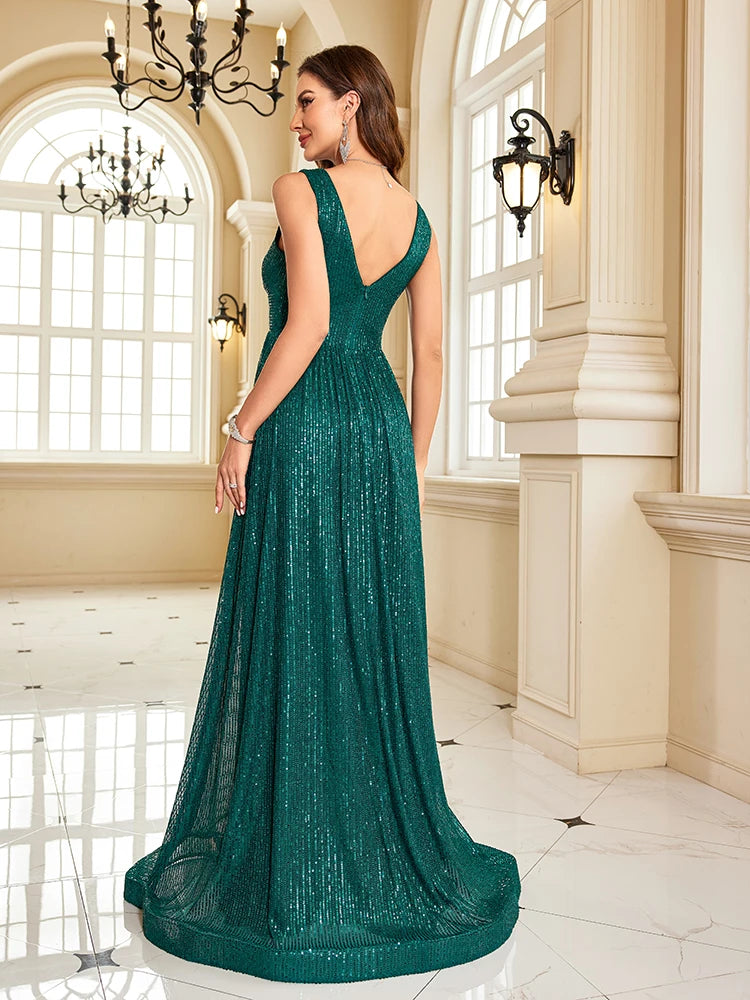 Women's Elegant Deep V-Neck Sparkly Maxi Evening Dress