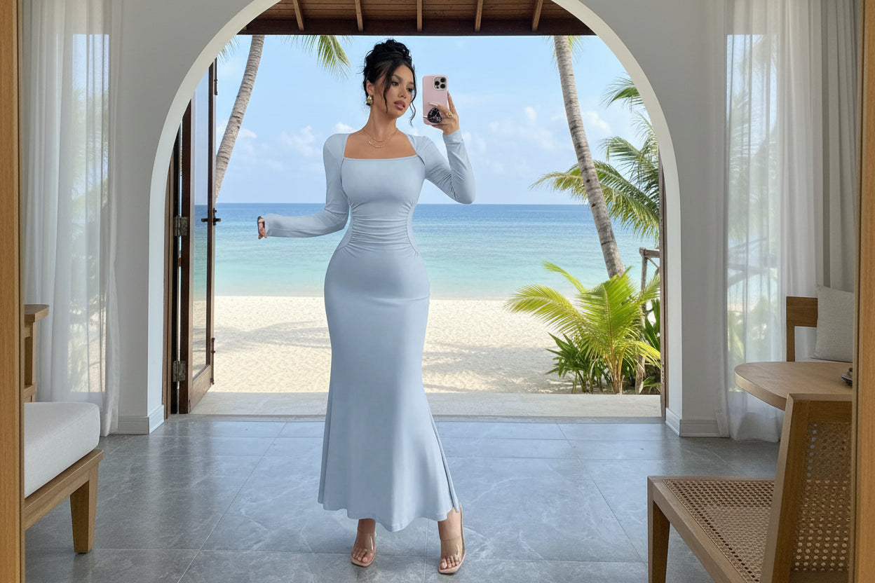 Elegant Square Neck Mermaid Maxi Dress
