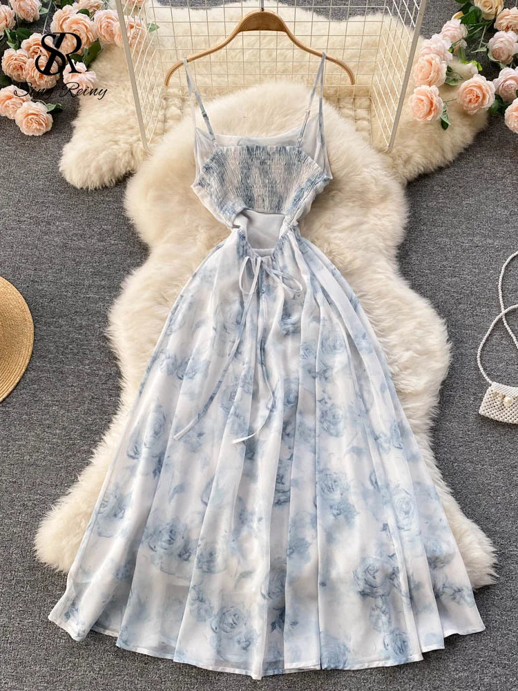 Elegant Floral Chiffon Midi Dress