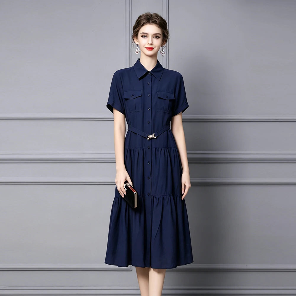 Classic Elegant Midi Dress with Waist Belt