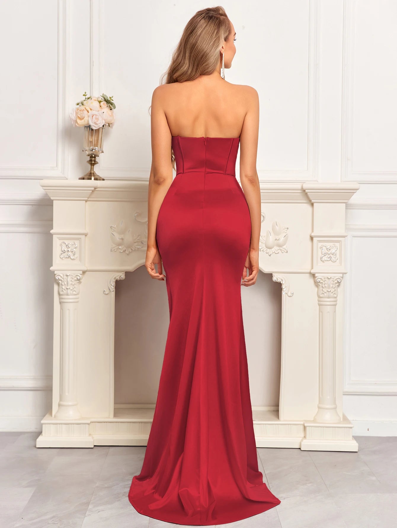 Elegant Champagne Satin Mermaid Evening Dress with High Slit