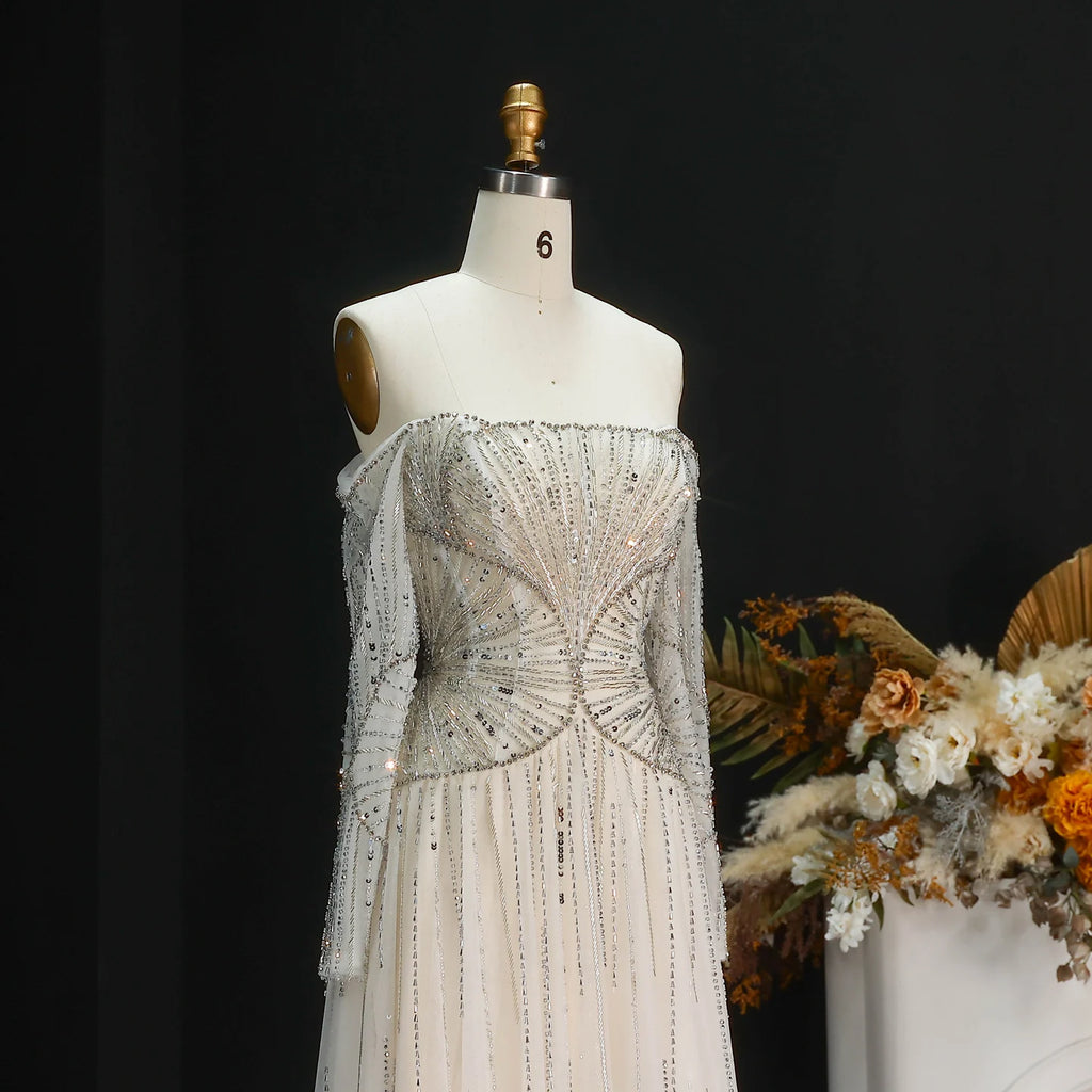 Elegant Off Shoulder Beaded A-Line Evening Gown – Long Sleeve Formal Dress