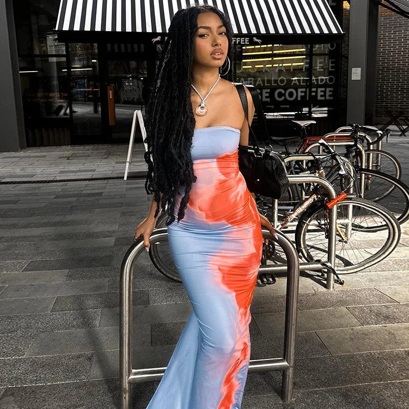 Sunset Strapless Tie-Dye Maxi Dress