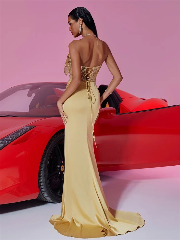Golden Glamour One-Shoulder Evening Maxi Dress